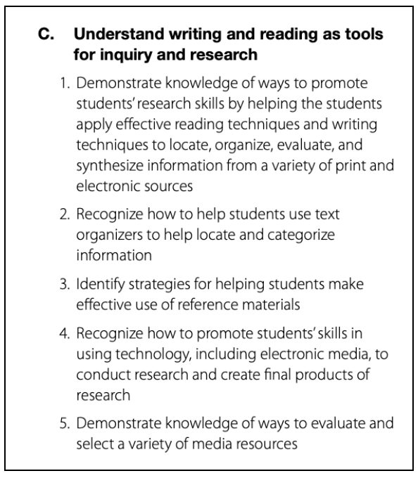 Section C outlines strategies for promoting students' research skills, using text organizers, reference materials, technology, and evaluating media resources.