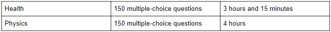Table comparing Health and Physics exams: both have 150 multiple-choice questions. Health exam duration is 3 hours and 15 minutes, Physics is 4 hours.