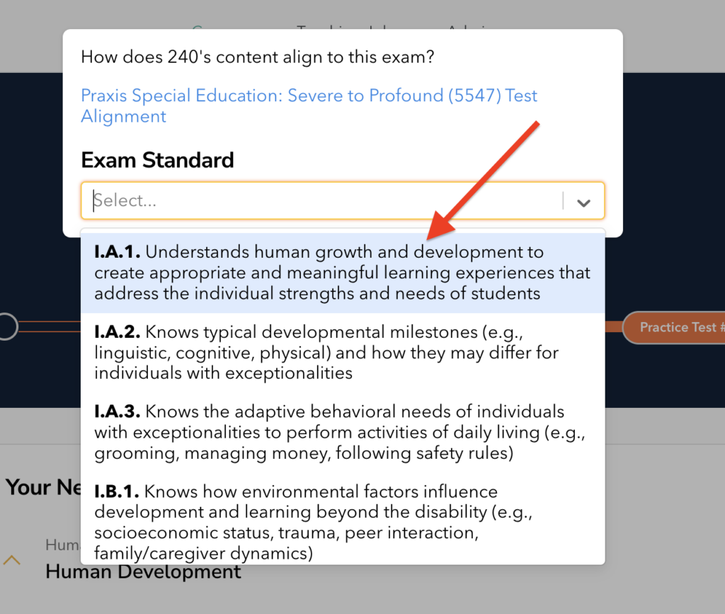 Dropdown menu showing exam standards for Praxis Special Education: Severe to Profound (5547) Test Alignment.