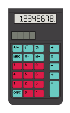 A calculator displaying the number 12345678 on its screen, with red and teal buttons.