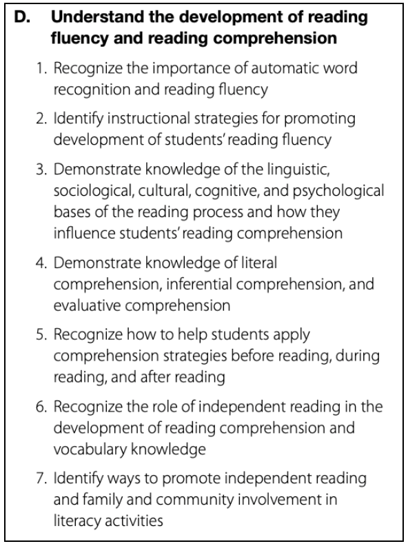 A list of seven points under the heading "Understand the development of reading fluency and reading comprehension."