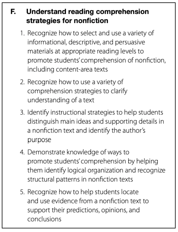 A list of strategies for understanding reading comprehension in nonfiction, including selecting materials, using comprehension strategies, identifying main ideas, and using evidence.