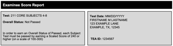Examinee score report showing "Not Passed" for Test 211 Core Subjects 4-8. Includes test date, name, address, and TEA ID.