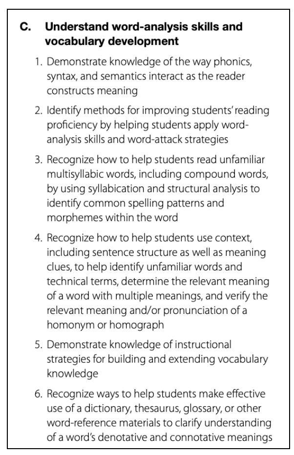 Text outlining word-analysis skills and vocabulary development strategies for educators, including phonics, context use, syllabication, and instructional methods.