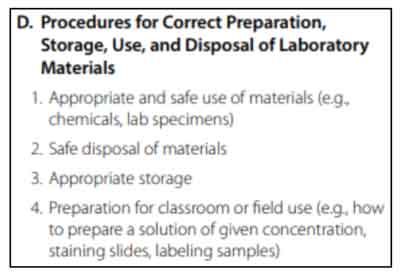 Praxis General Science Procedures for Correct Preparation, Storage, Use, and Disposal of Laboratory Materials