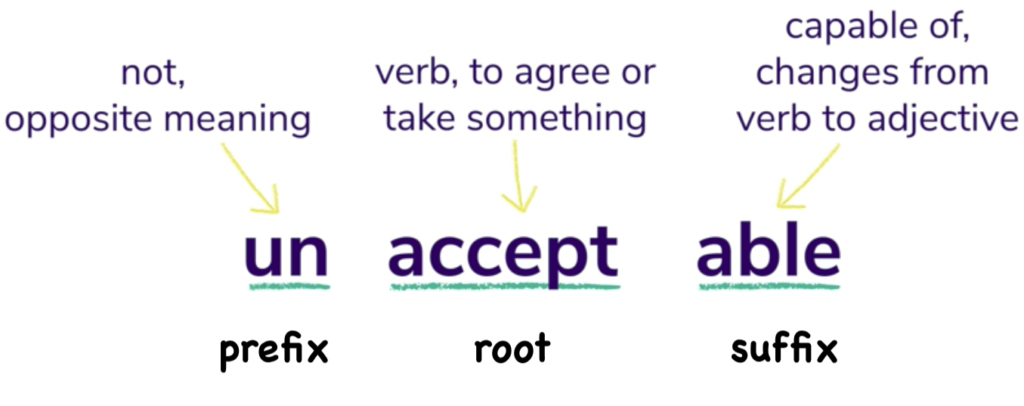 identifying prefixes, suffixes, and root words