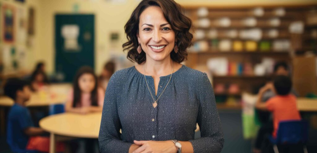 teacher standing in a classroom smiling for a picture