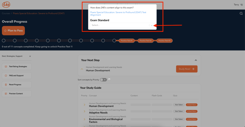 Screenshot of an online course dashboard for "Praxis Special Education: Severe to Profound (5547)." It shows progress tracking, study guide, and options for test-taking strategies, FAQ, and support.