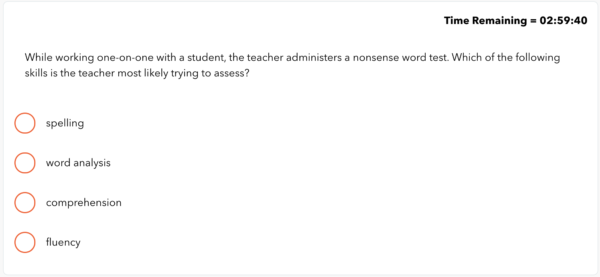Multiple-choice question about assessing skills with a nonsense word test. Options: spelling, word analysis, comprehension, fluency. Timer at 02:59:40.